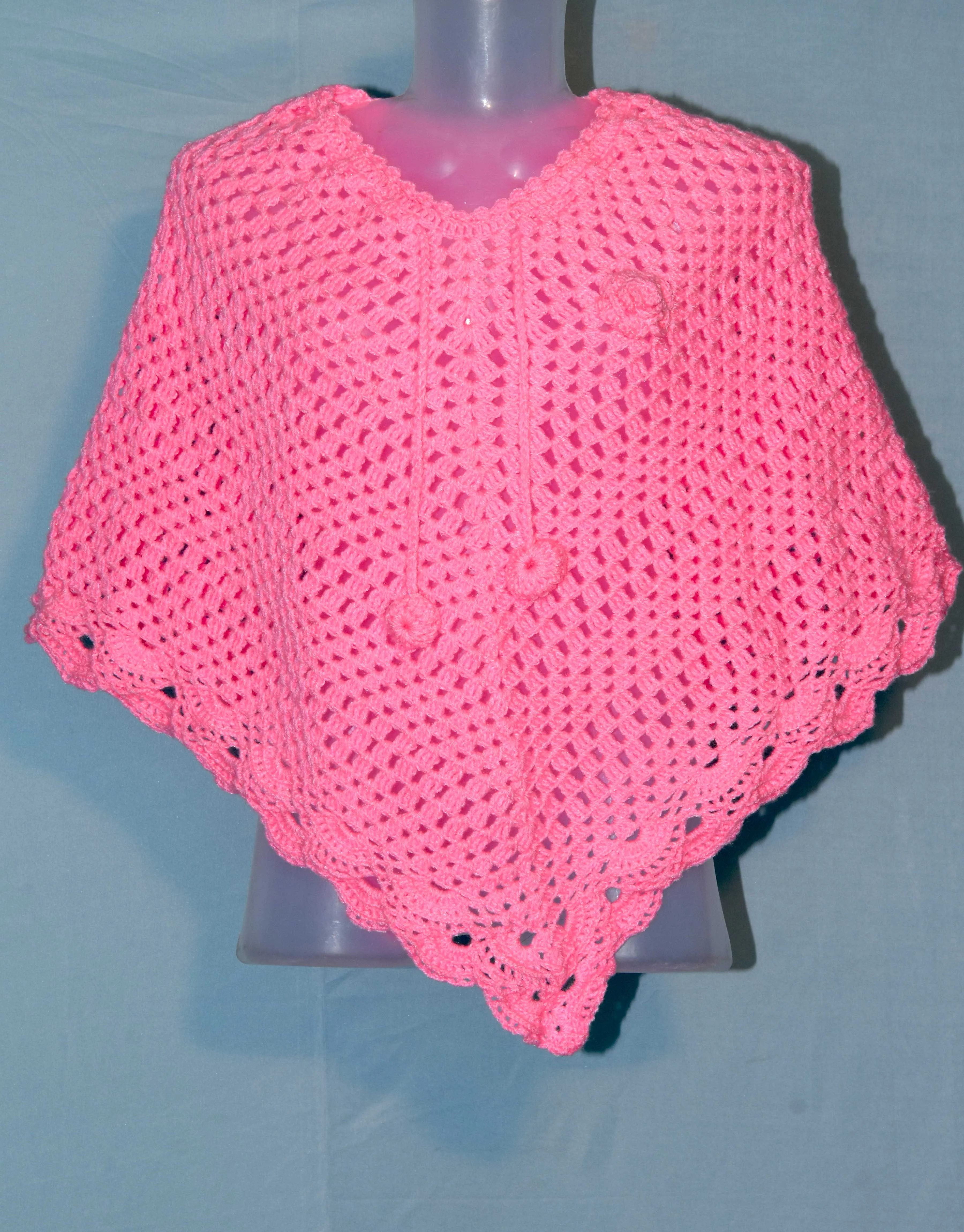 Beautiful Handmade Girlish Pink Color Woolen Poncho For Women/Girls - Free Size