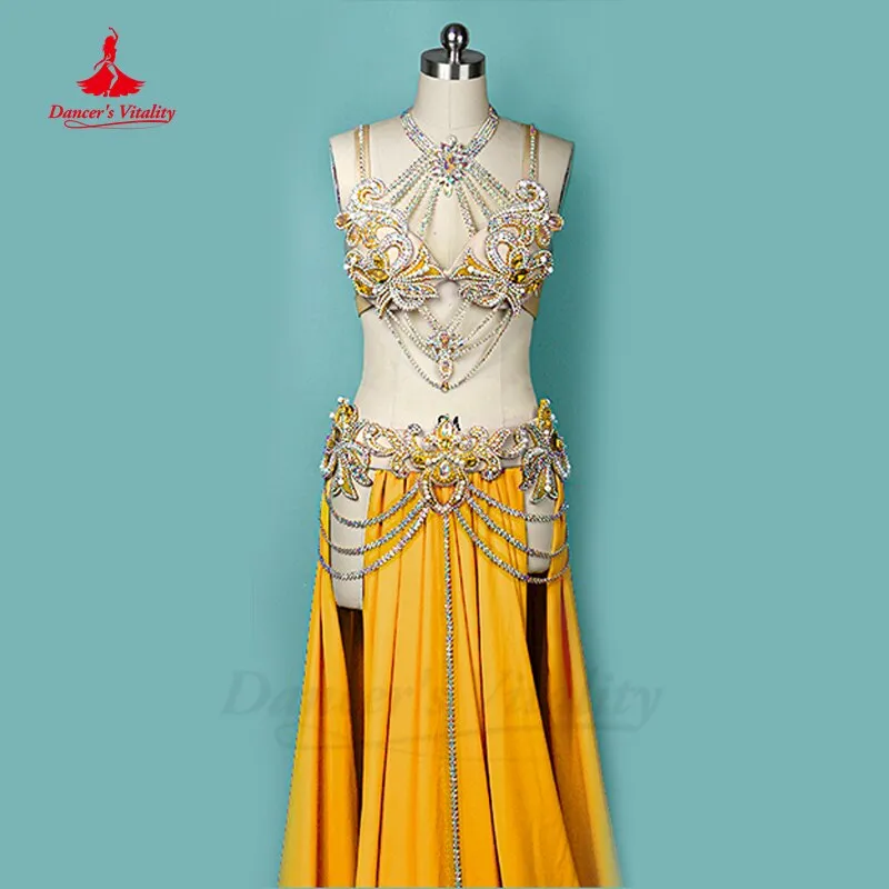 Belly Dance Performance Costume Suit Customsized for Women Child Stones Bra sleeves chiffon Skirt 3pcs Female Oriental Clothing