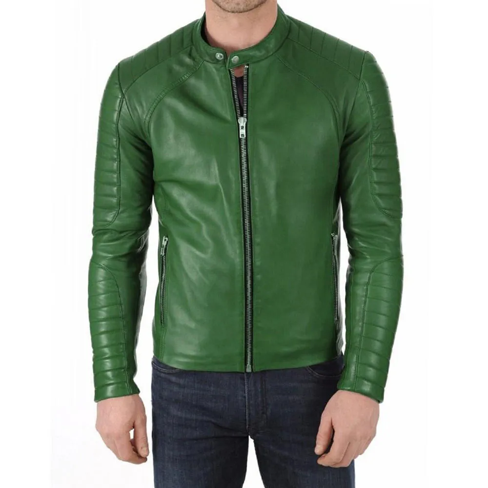 Biker Slim Fit Green Leather Jacket