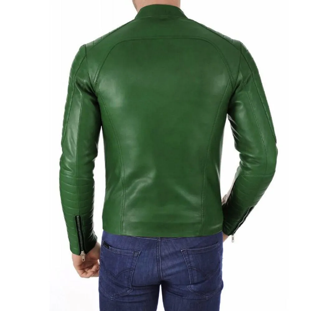 Biker Slim Fit Green Leather Jacket