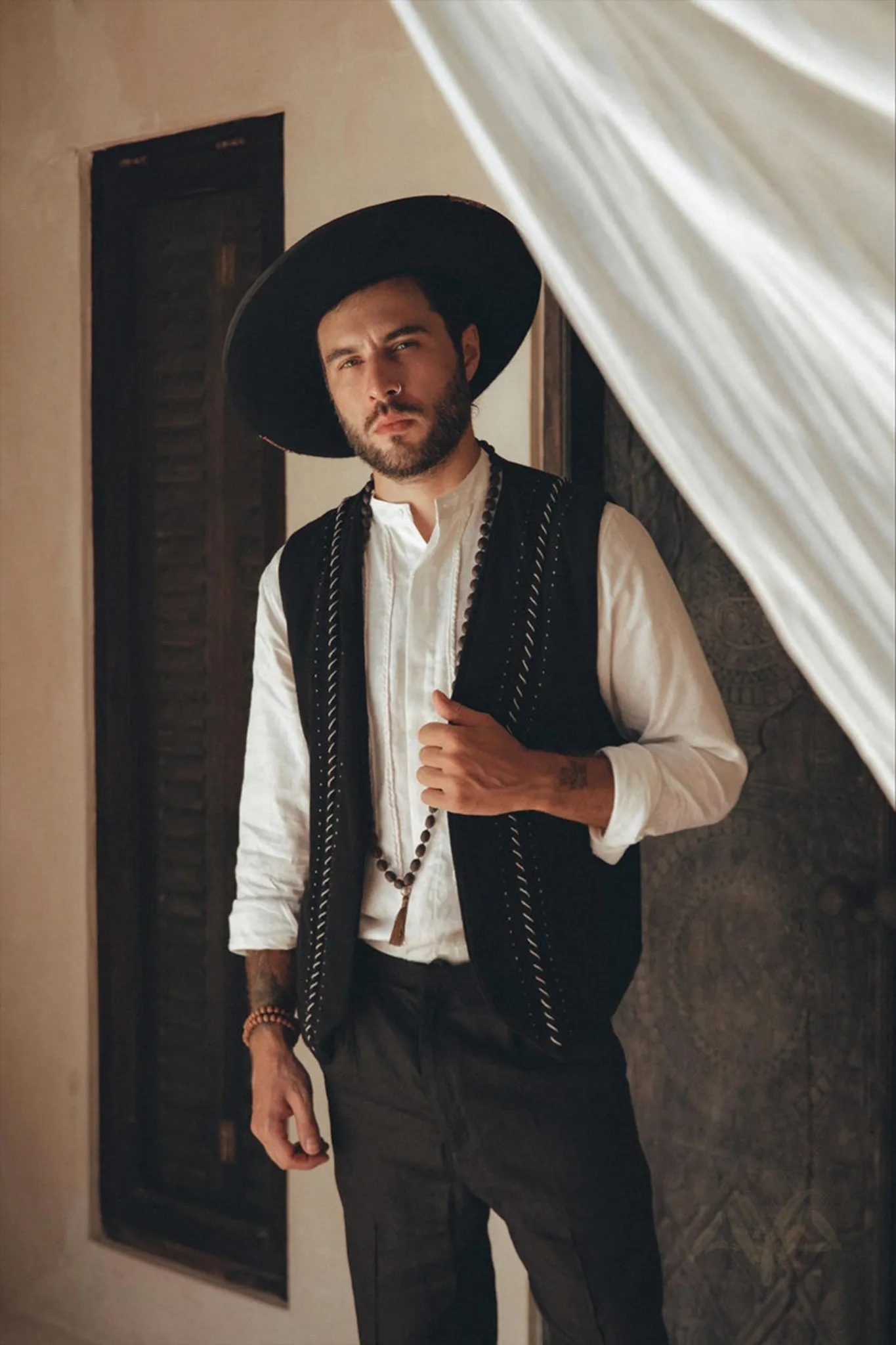 Black Hand Embroidered Vest for Men