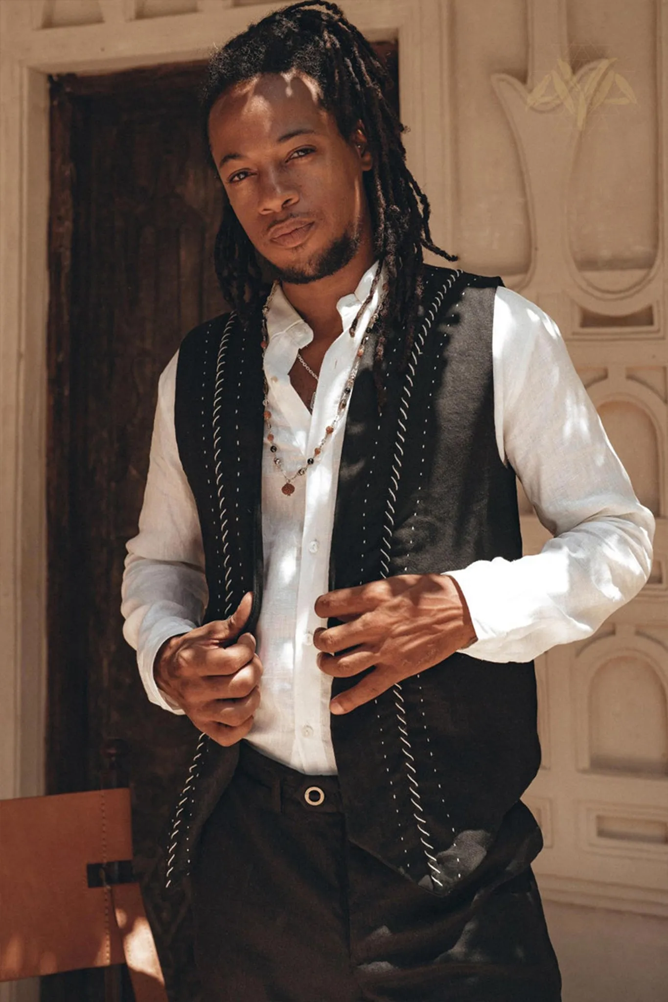 Black Hand Embroidered Vest for Men