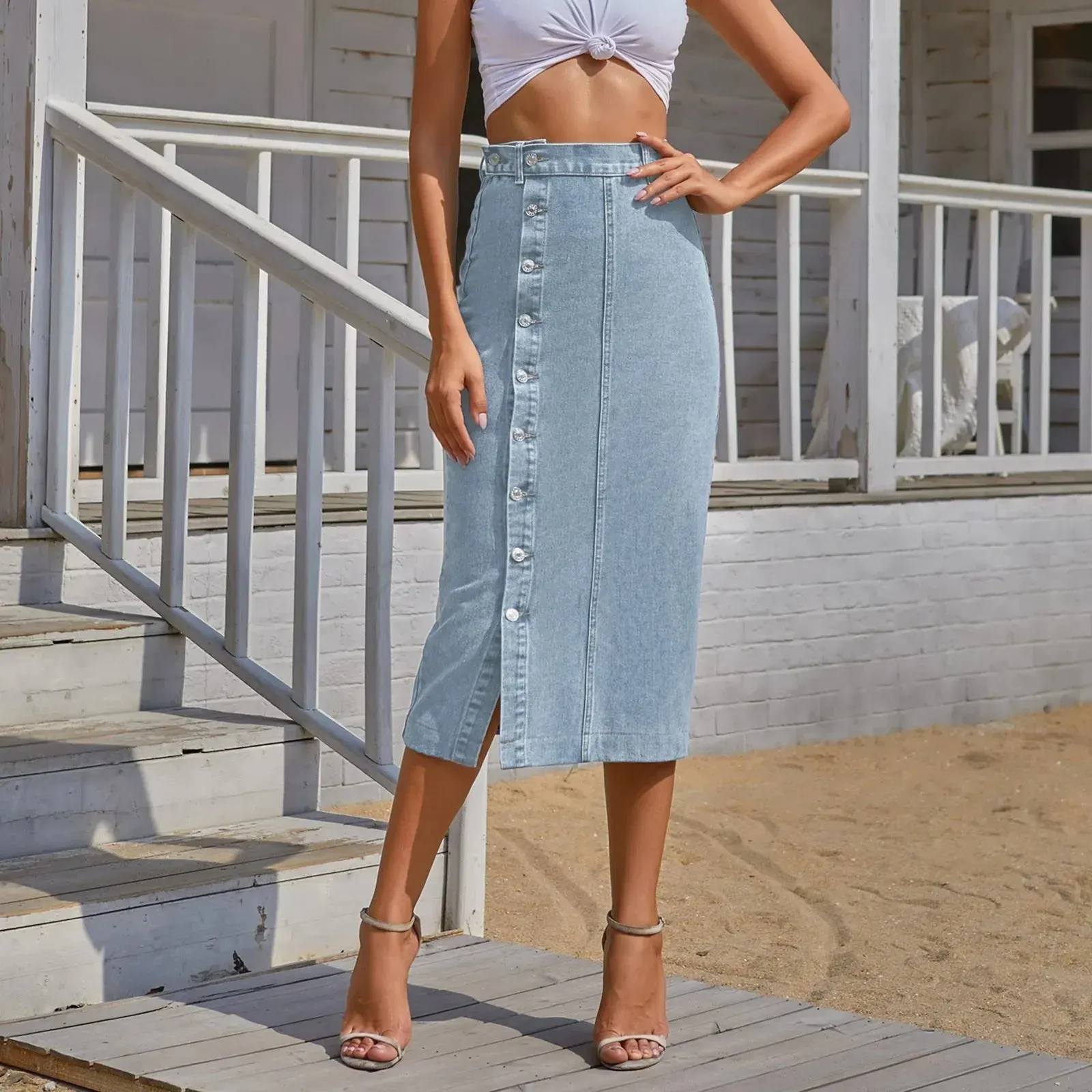 Button Front Slits Retro Long Summer Denim Skirts Girls High Waist Split Jeans Straight Maxi Denim Sexy Skirt