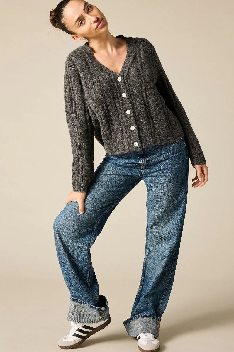 Cashmere Elouise Cable knit Cardigan in Charcoal Marle Grey (low stock)