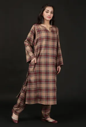 Chestnut Brown Woven Tartan Checks Phiran Kurta With Pockets