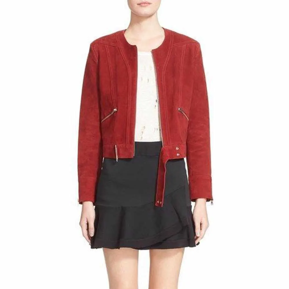 Chic Slim Fit Burgundy Suede Leather Jacket