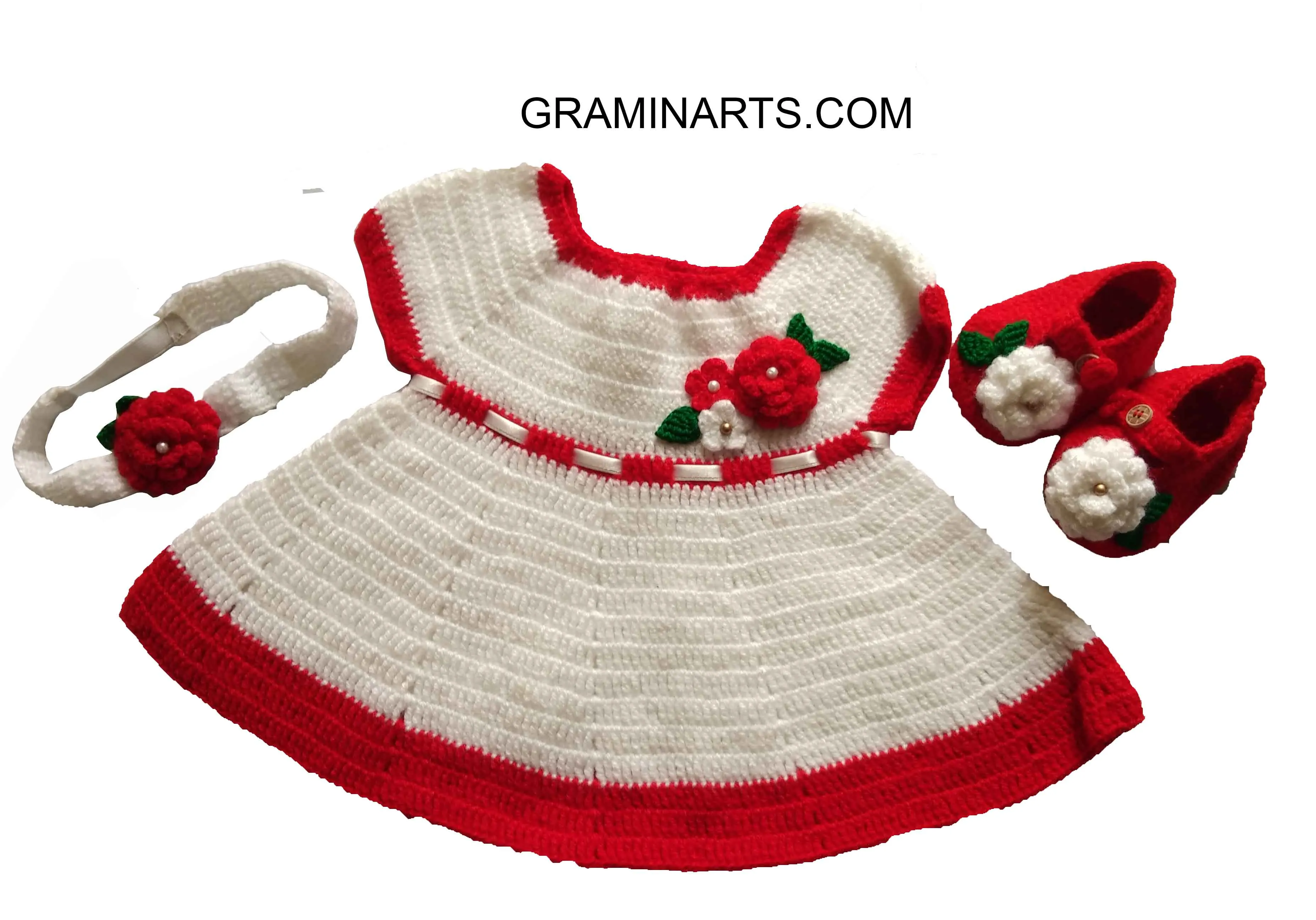 Crochet Woonie Graminart Design 3 Pcs Set Frock For Baby - White