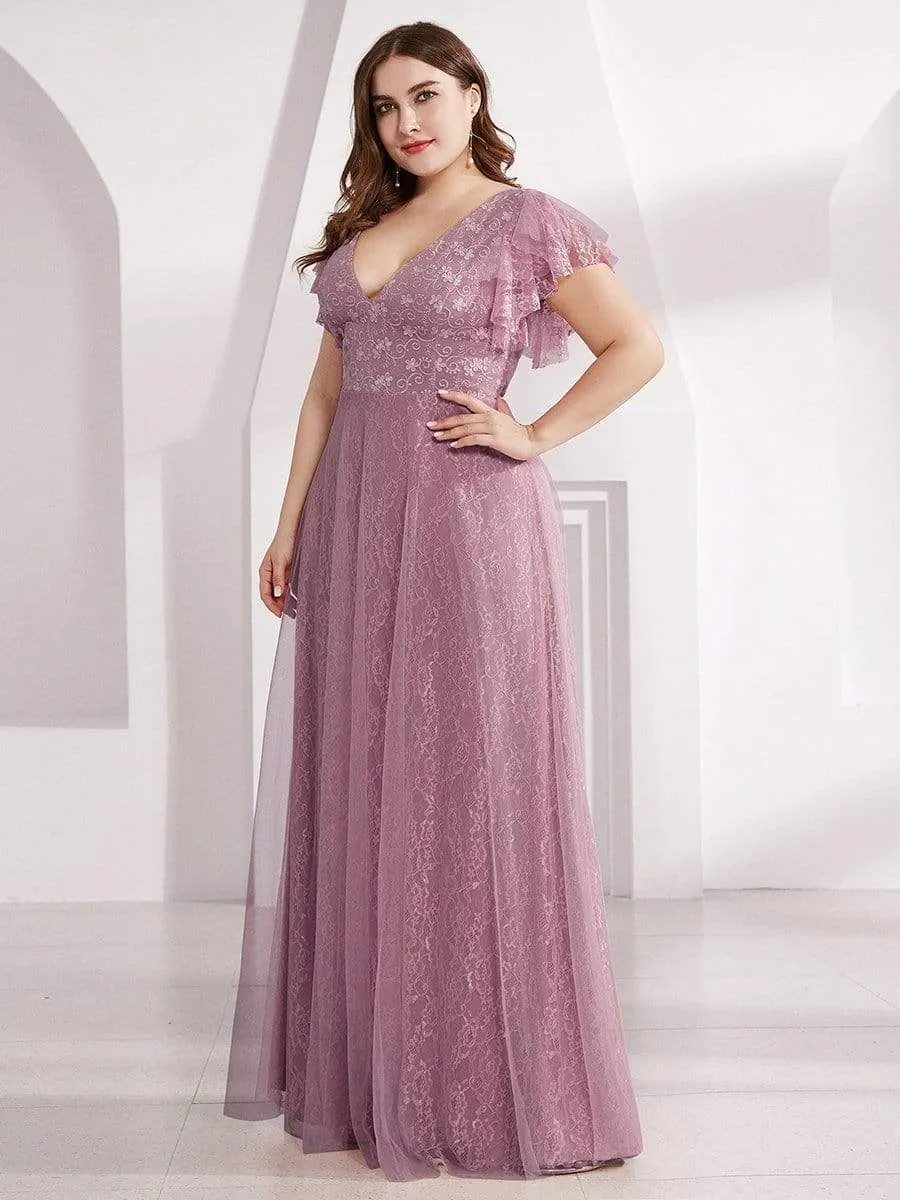 Double V Neck Long Lace Evening Dress with Ruffle Sleeves