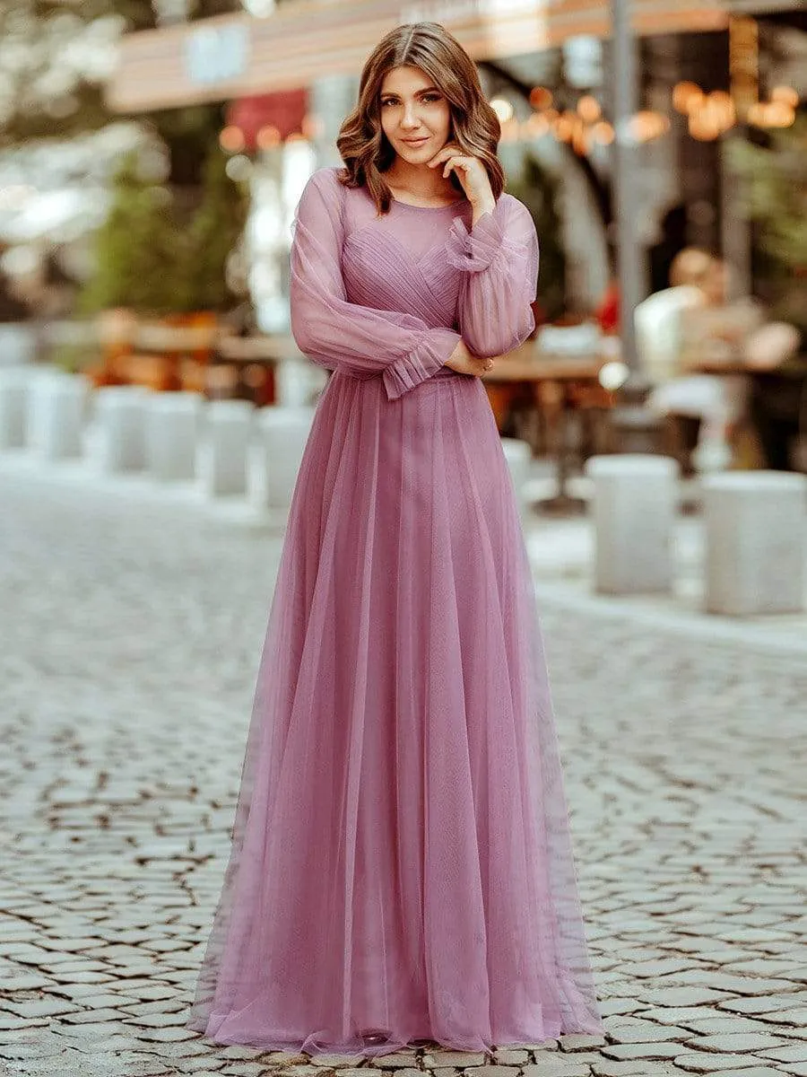 Elegant Floor Length Tulle Bridesmaid Dress with Long Sleeve