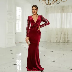 Elegant Sexy Long Sleeve Maxi Velvet V neck Evening Dress