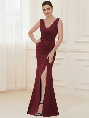 Front High Slit V-Neck Wrap Waist Knit Evening Dress