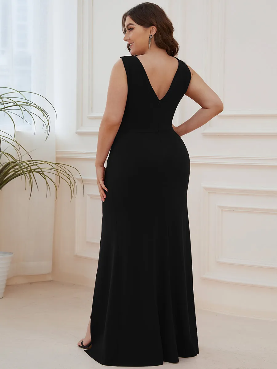 Front High Slit V-Neck Wrap Waist Knit Evening Dress