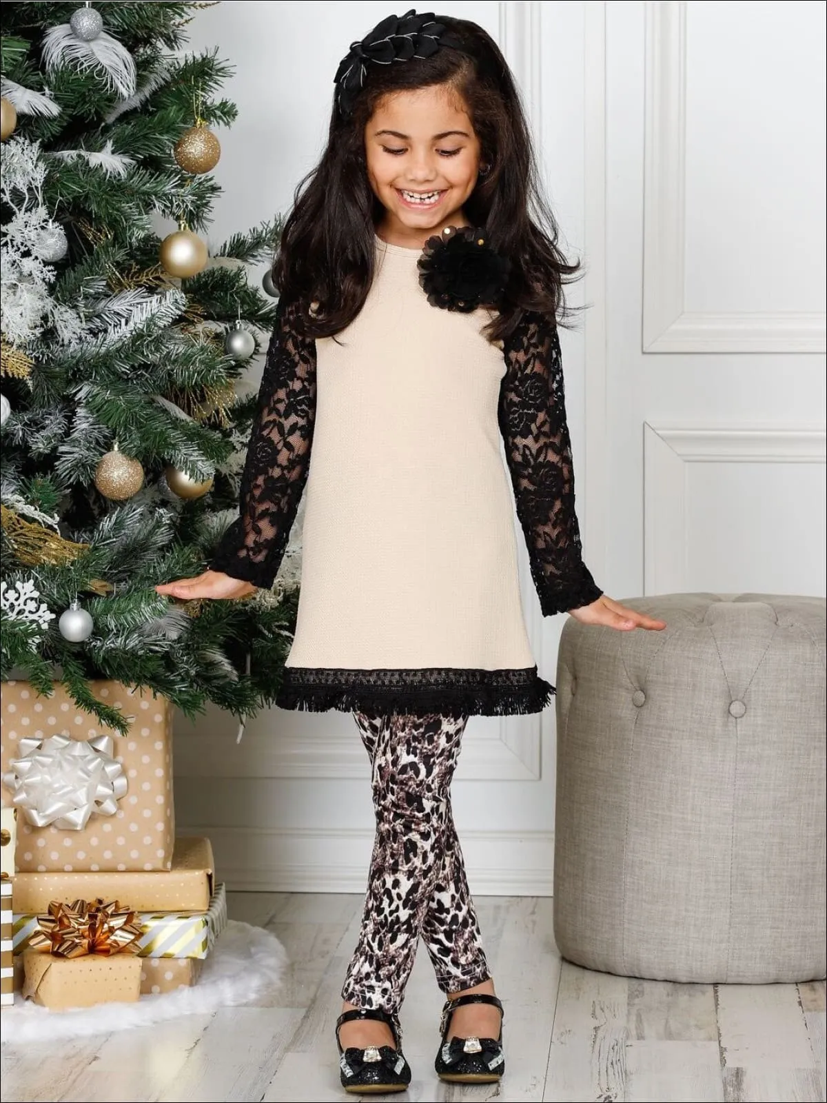 Girls Lace Long Raglan Sleeve Trimmed Tunic And Legging Set