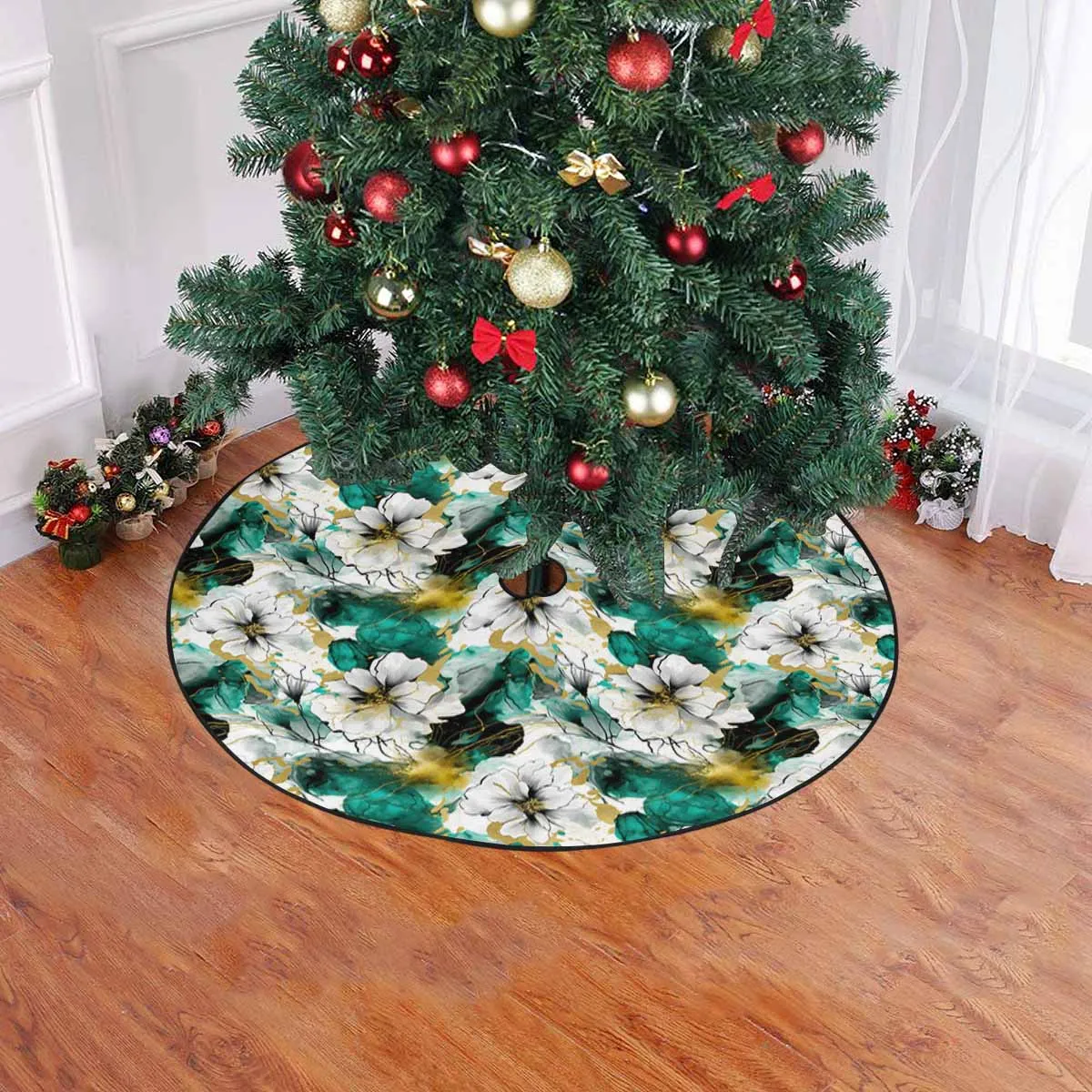 Green and White Ink Floral  Christmas Tree Skirt