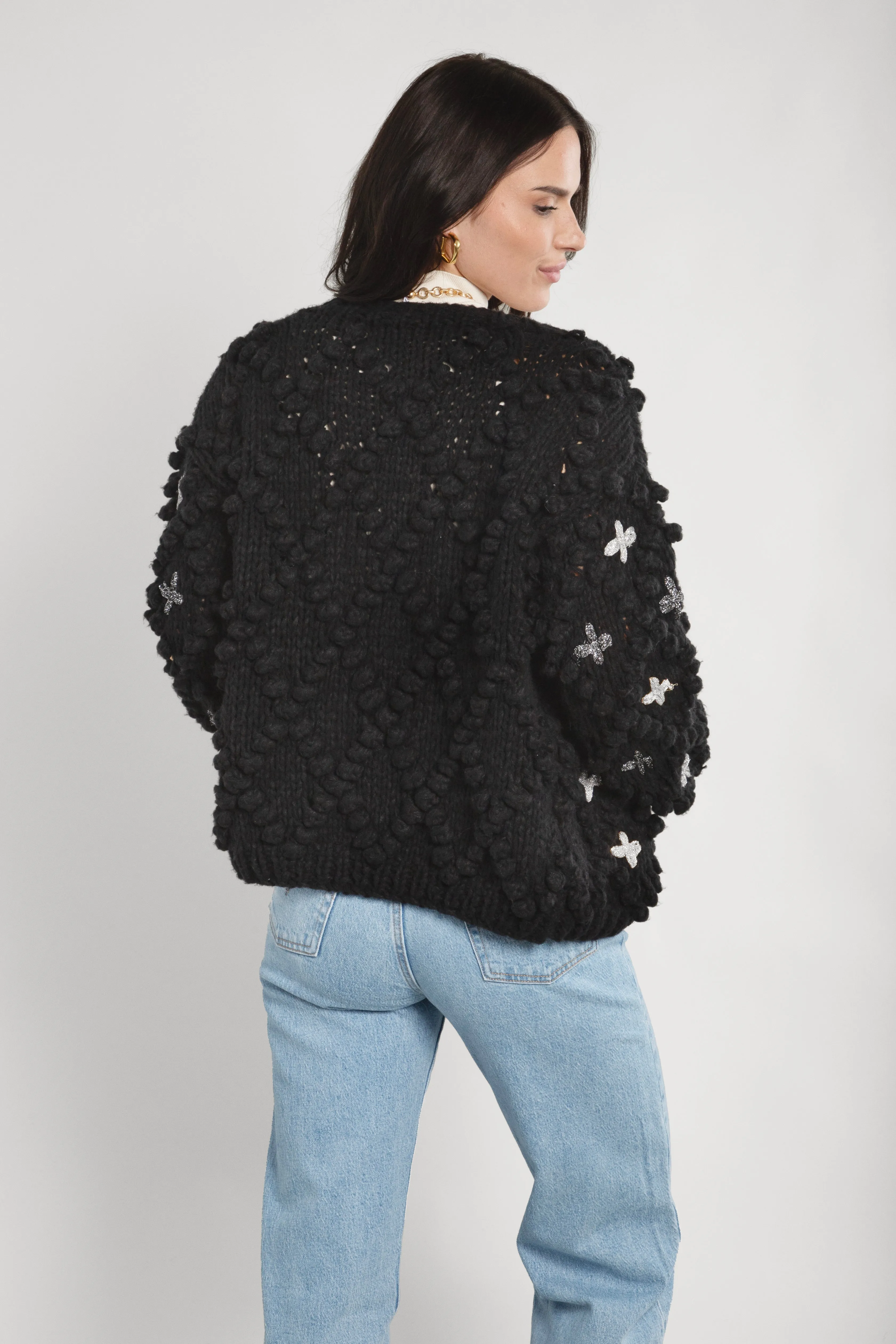 Knitted Cardigan Cross Pom Pom