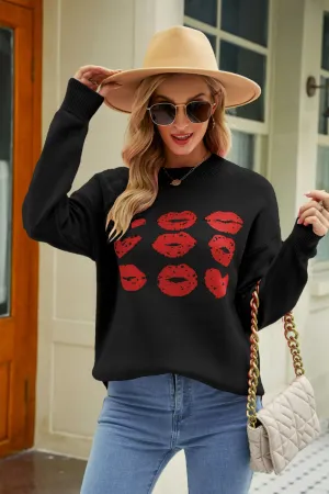 Lip Graphic Slit Dropped Shoulder Sweater