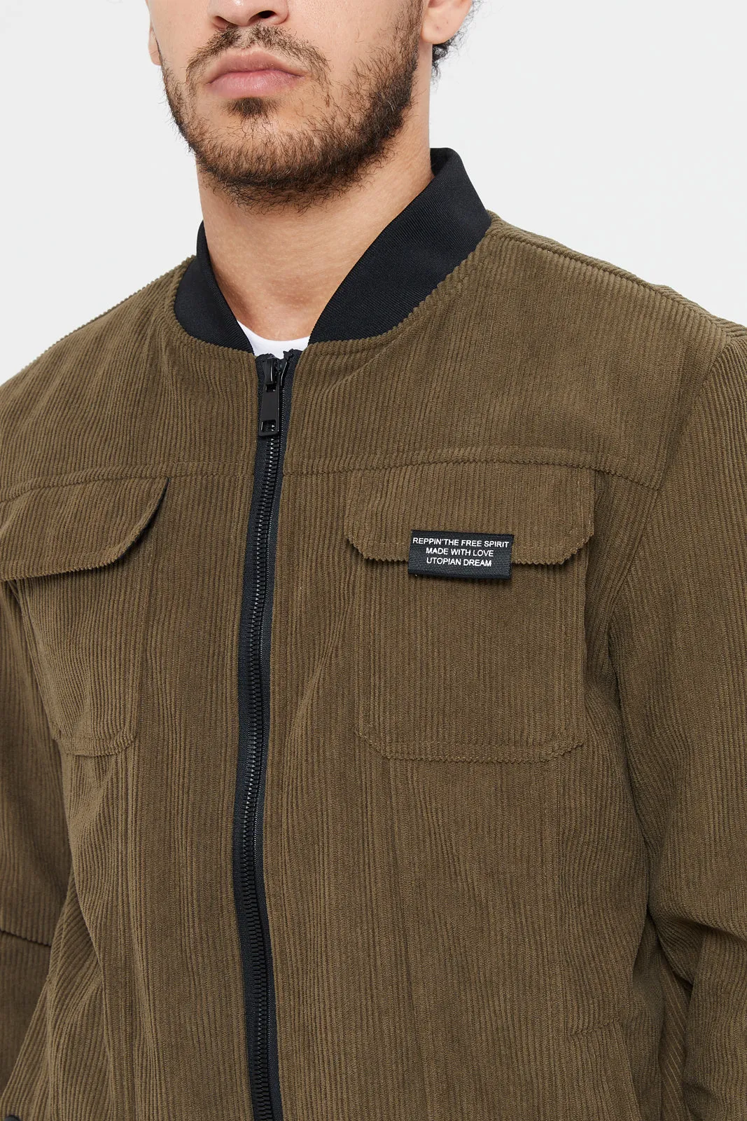 Men Olive Corduroy Bomber Jacket