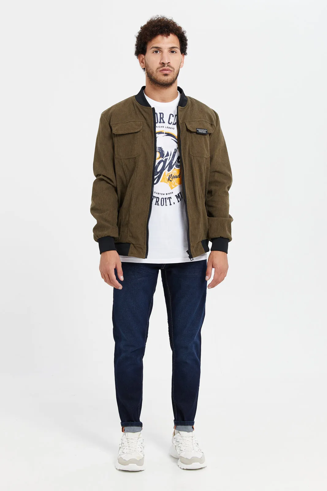 Men Olive Corduroy Bomber Jacket