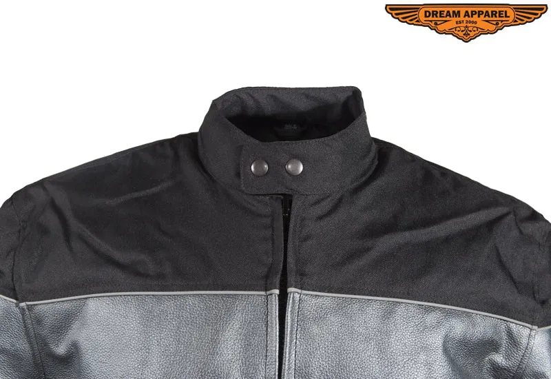 Men's Black Racer Style Textile Jacket W/ Silver Stripes