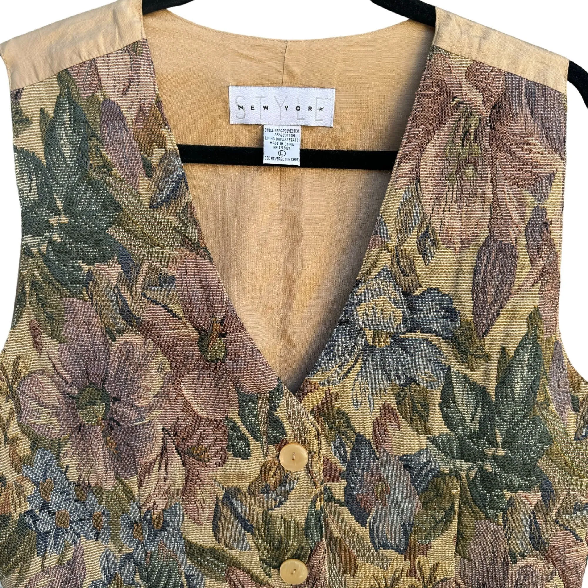 New York Style Vintage 90s Womens Boho Prairie Floral Tapestry Button Down Vest