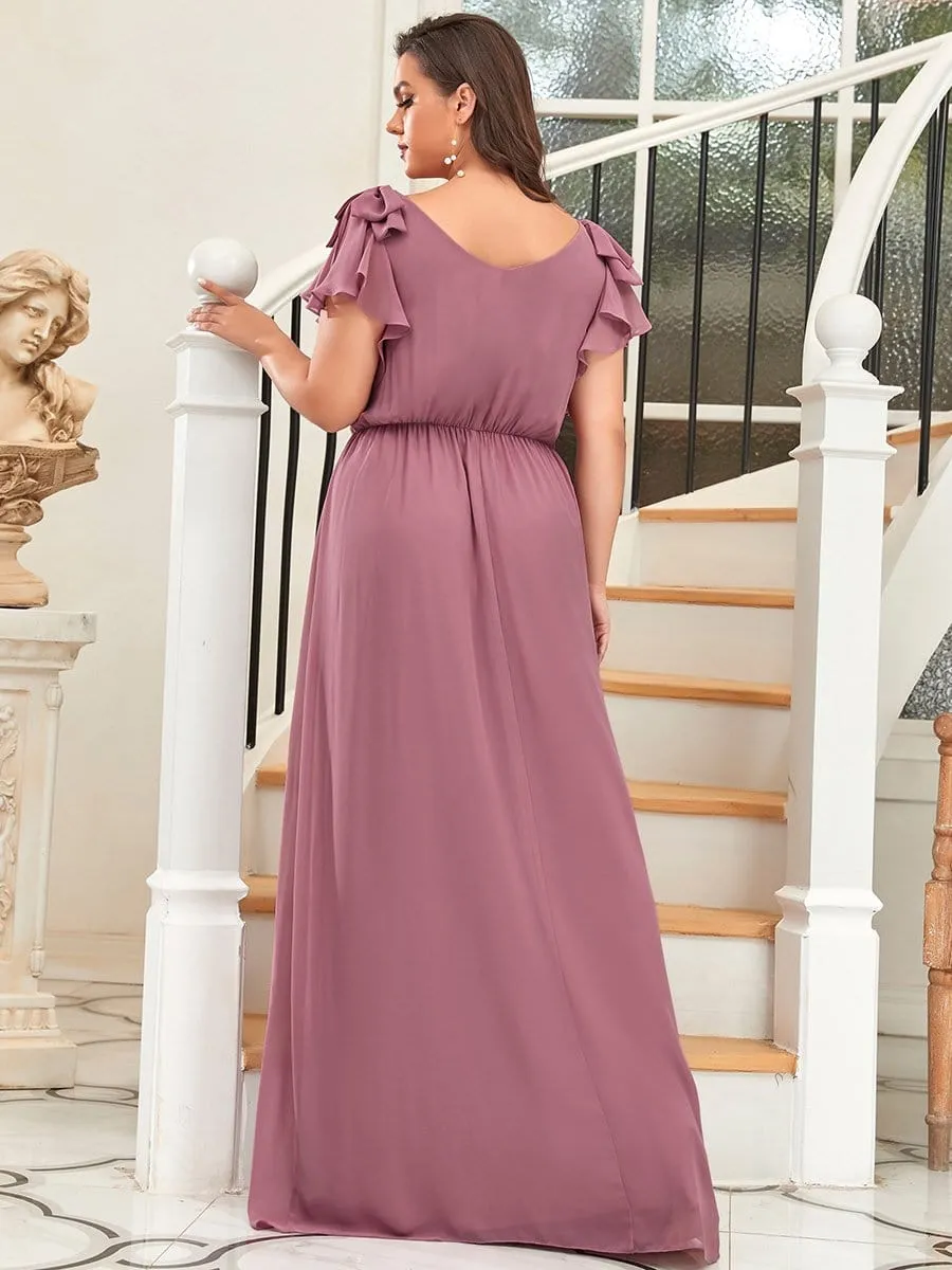 Plus Size Ruched Bodice Evening Dresses with Ruffles Sleeves