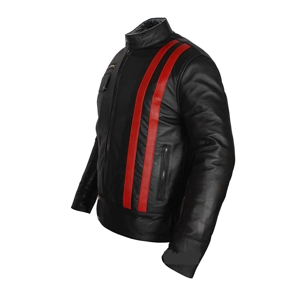 Red Strip Black Leather Jacket