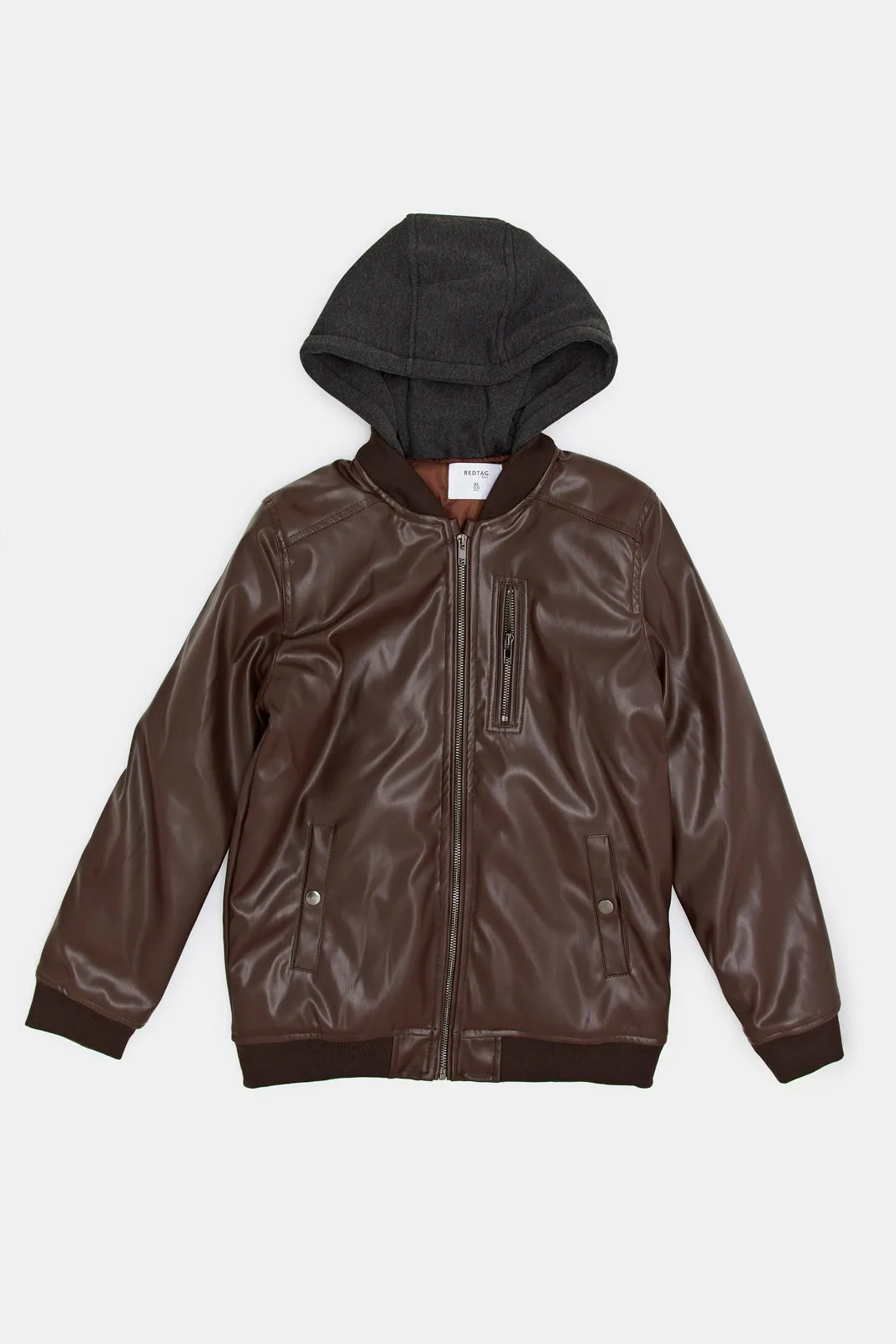 Senior Boys Brown Zip Thru Hooded Pu Jacket