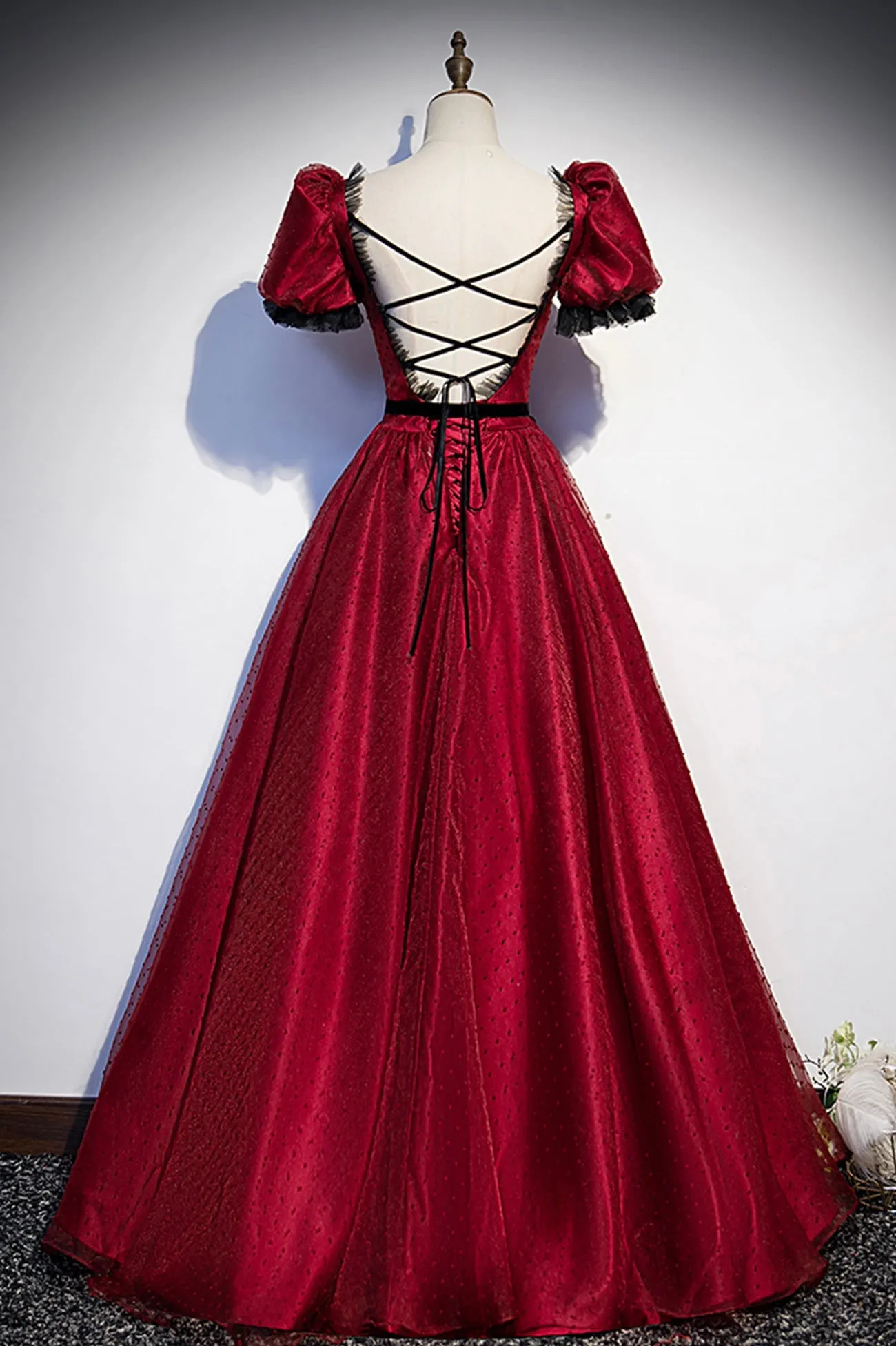 solvbao Burgundy Tulle Long Prom Dresses, A-Line Backless Evening Dresses