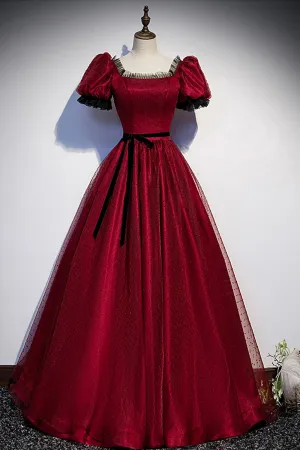 solvbao Burgundy Tulle Long Prom Dresses, A-Line Backless Evening Dresses