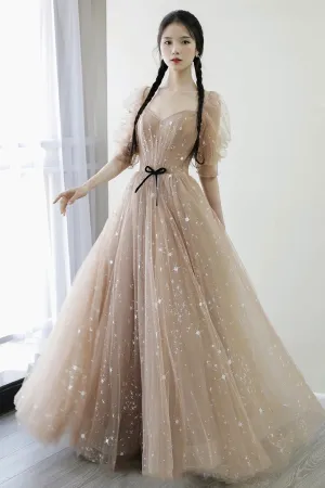 solvbao Champagne Tulle Long Prom Dresses, A-Line 1/2 Sleeve Evening Dresses