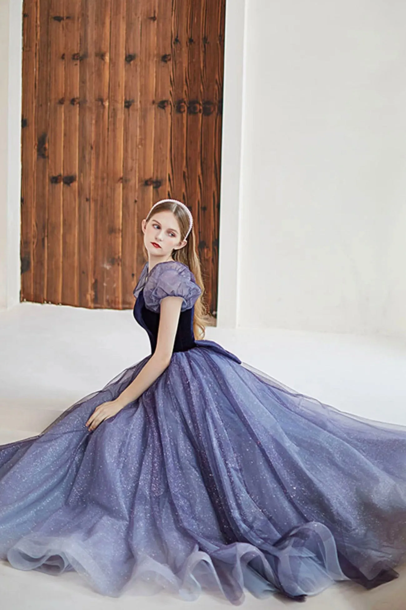 solvbao Purple Velvet Tulle Long Prom Dresses, Cute A-Line Evening Dresses