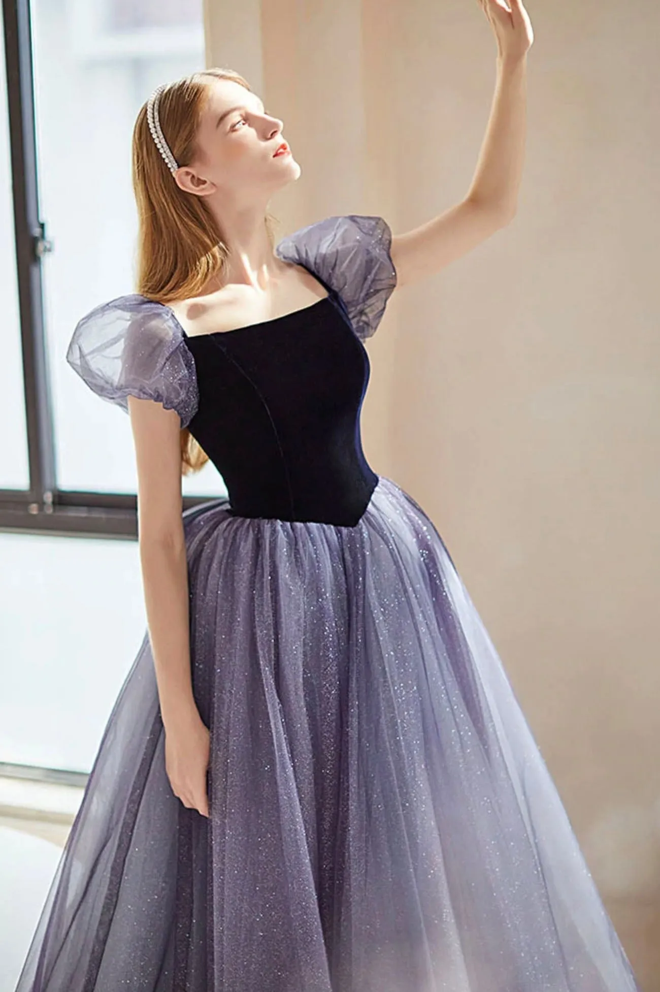 solvbao Purple Velvet Tulle Long Prom Dresses, Cute A-Line Evening Dresses