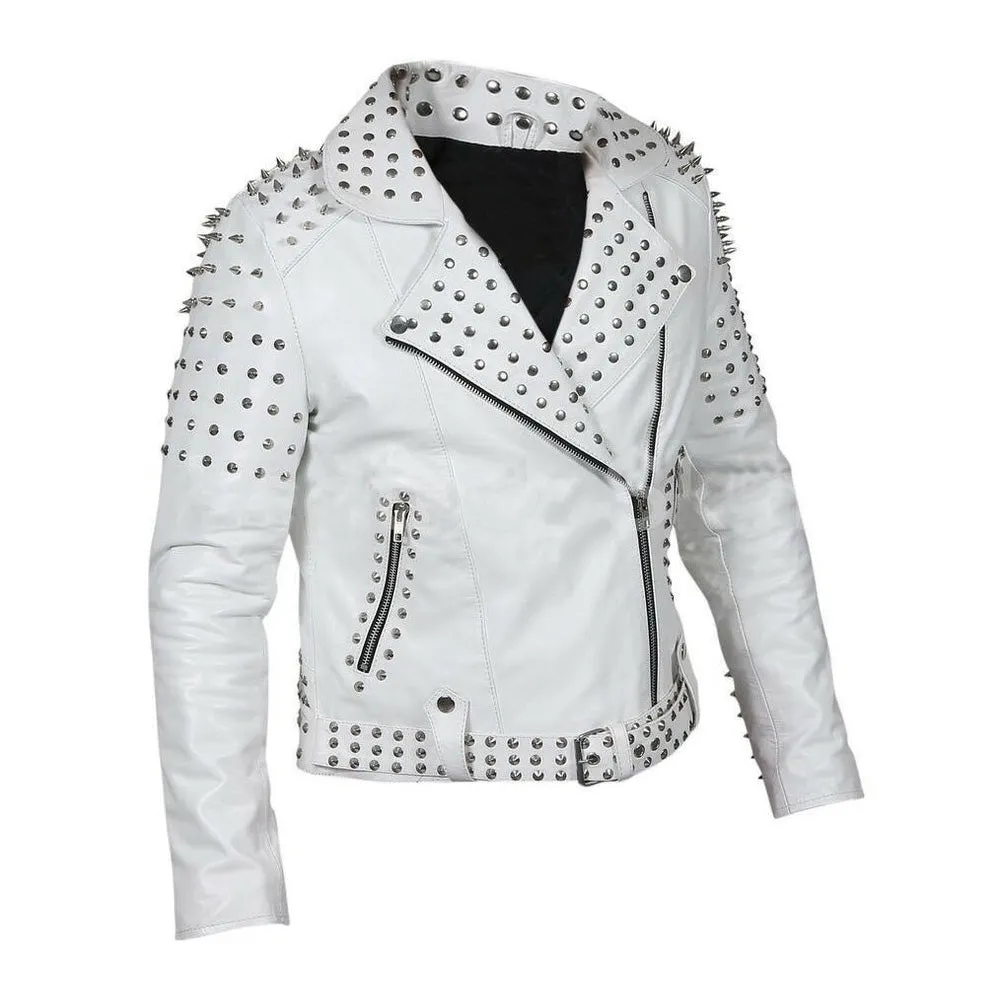 Sophisticated Edge Studded Leather White Jacket