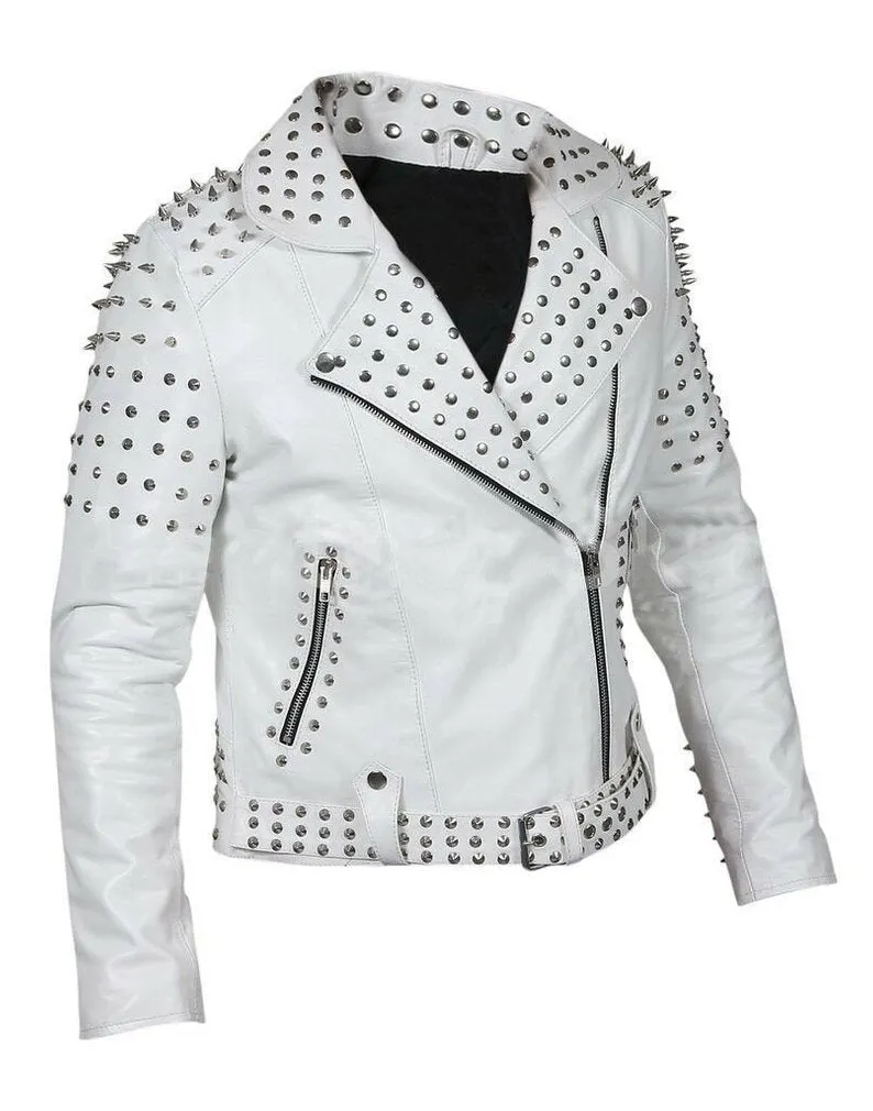 Sophisticated Edge Studded Leather White Jacket