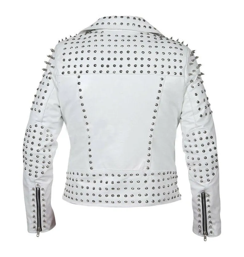 Sophisticated Edge Studded Leather White Jacket