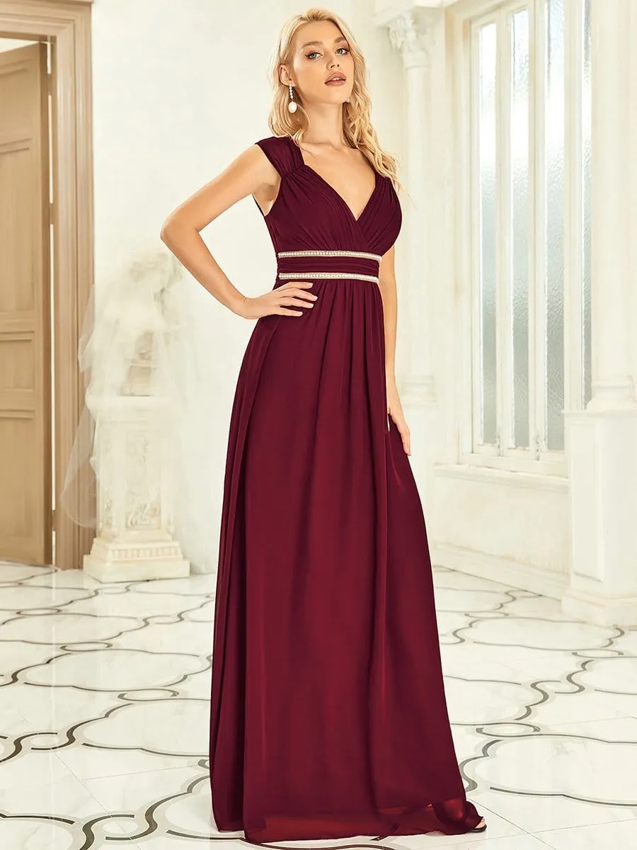 V-Neck Sleeveless Beaded Belt Chiffon A-Line Evening Dress