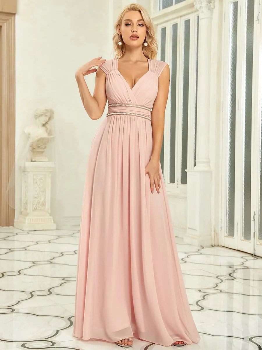 V-Neck Sleeveless Beaded Belt Chiffon A-Line Evening Dress