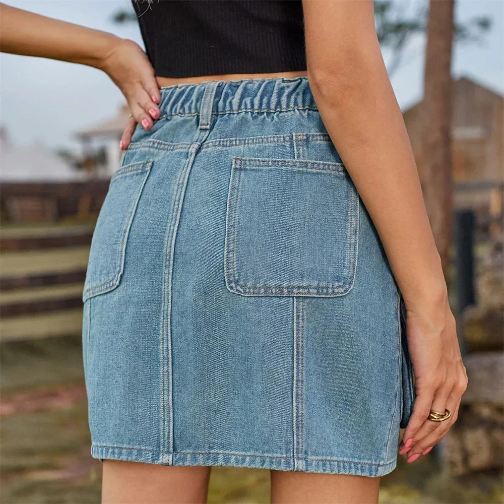 Vintage Denim Casual Pocket Multi Waist Summer Elastic Streetwear Skirt