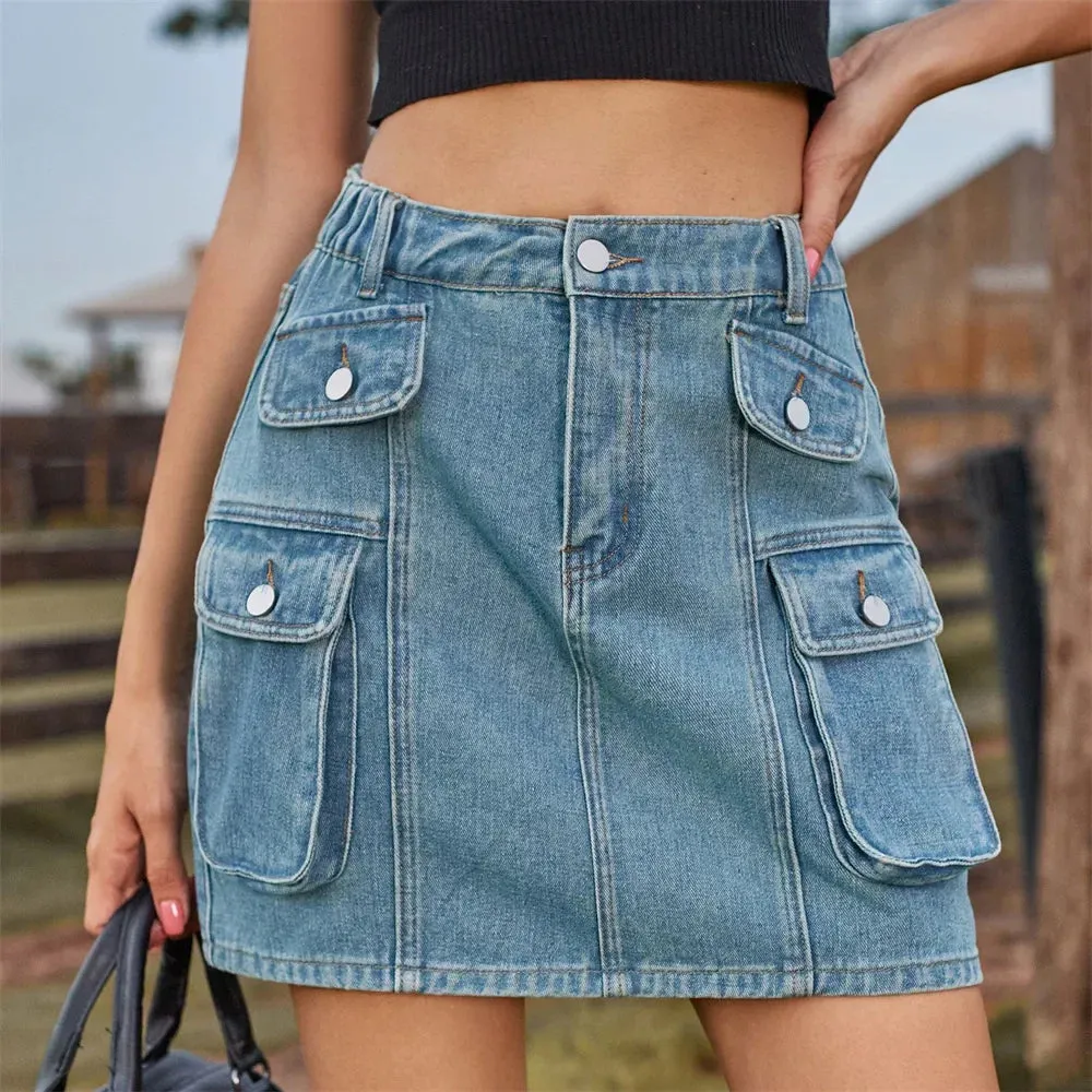 Vintage Denim Casual Pocket Multi Waist Summer Elastic Streetwear Skirt