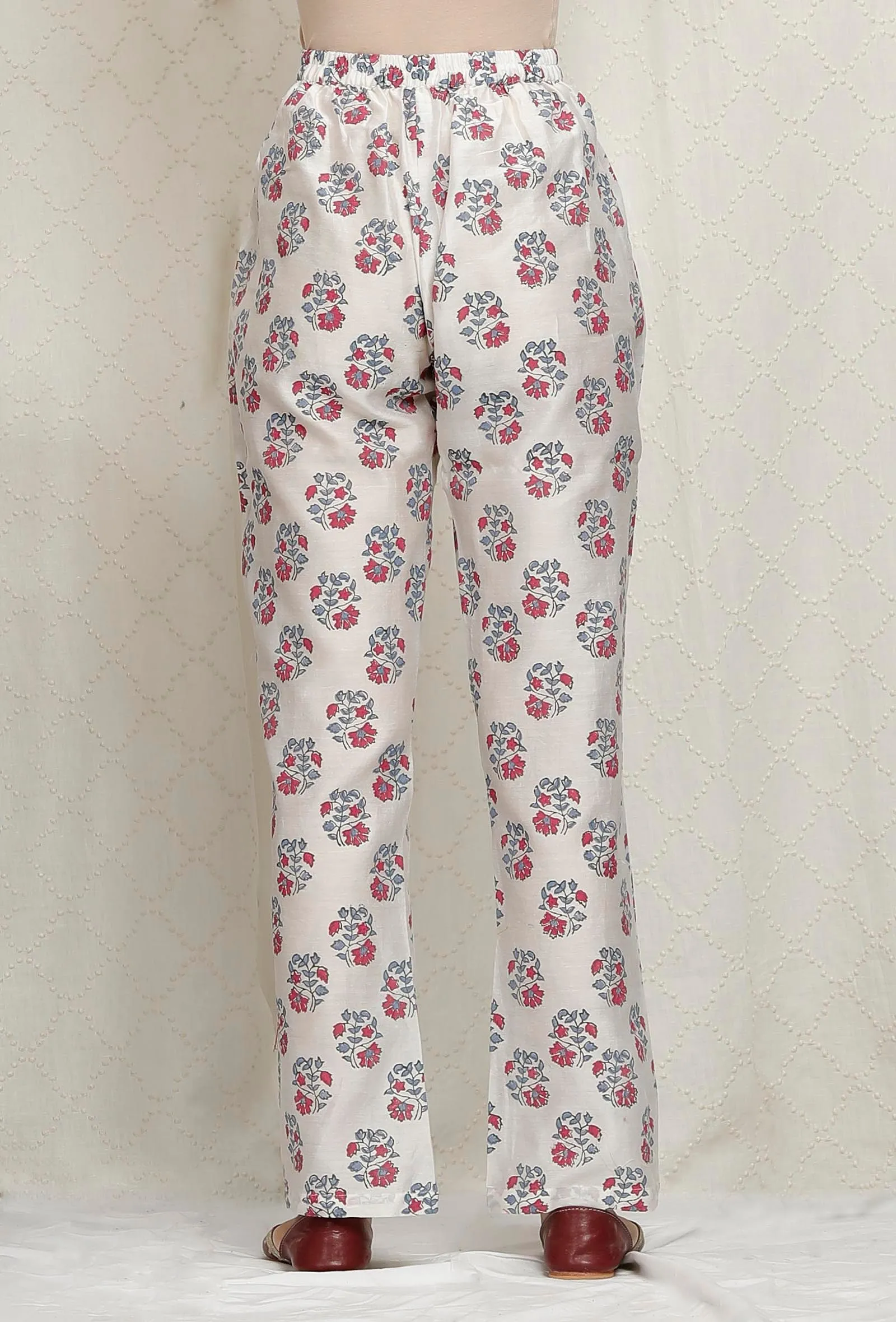 White Chanderi Hand Block Printed Pants